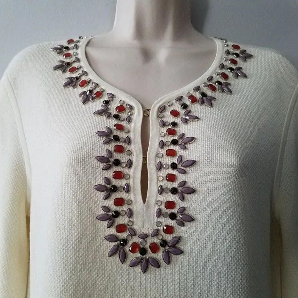 TORY BURCH off-white knit sweater embellished tunic top sz S